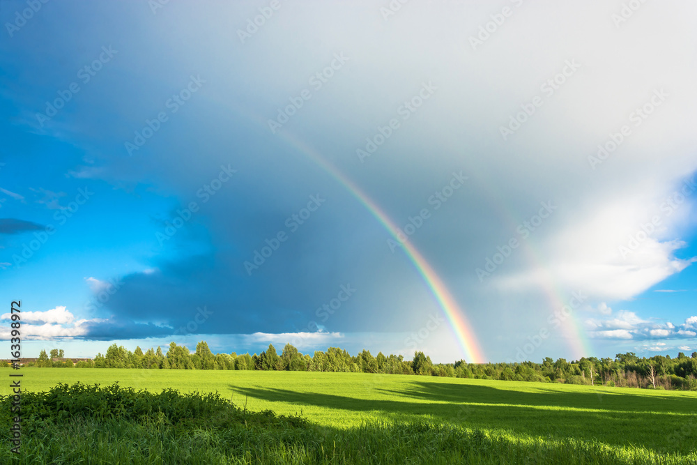 Colorful rainbow over the green field. Colorful rainbow over the green field.