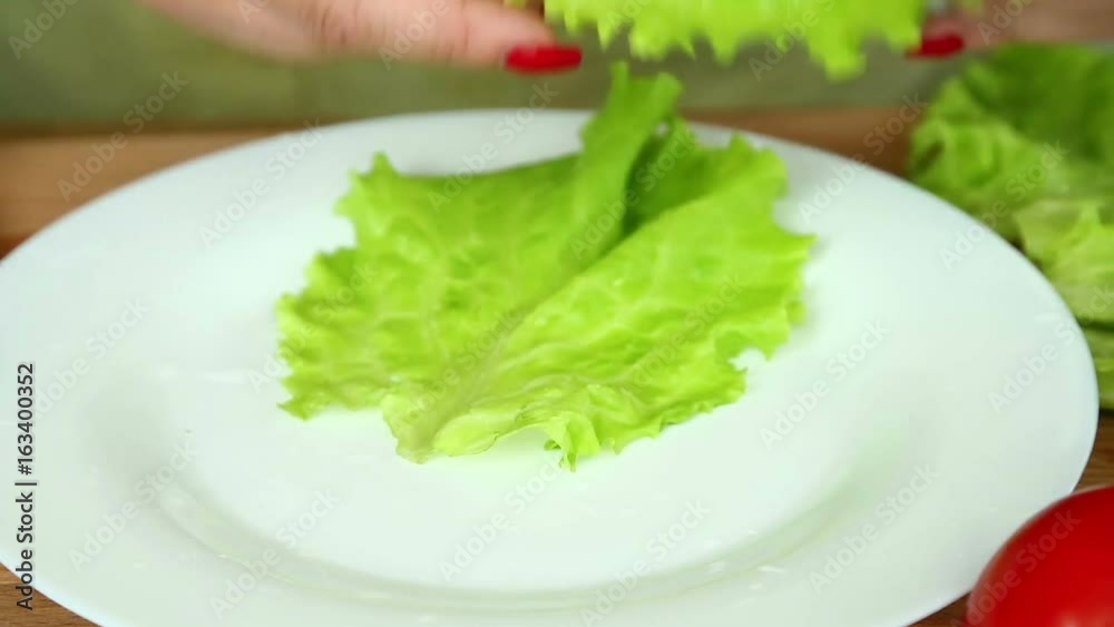 Preparation of homemade vegetable salad with cherry tomatoes, cheese and quail eggs. Female hands put on the leaves leaves of Peking cabbage Preparation of homemade vegetable salad with cherry tomatoes, cheese and quail eggs. Female hands put on the leaves leaves of Peking cabbage
