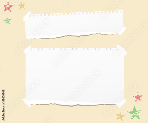 Ripped white note, notebook, copybook paper strips stuck with sticky tape, stars on yellow background.