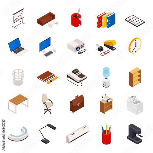 Big set of 3D isometric volumetric of icons on a theme of office equipment.