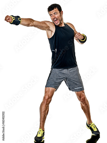 Fototapeta one caucasian fitness man exercising cardio boxing exercises in studio  isolated on white background