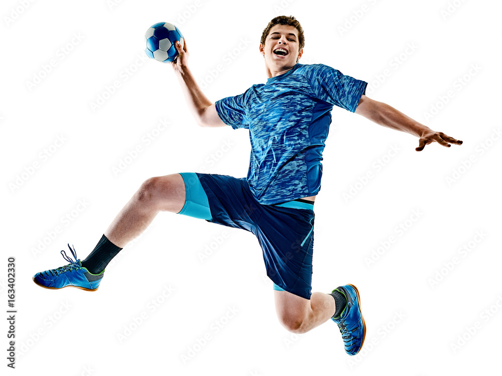 one caucasian handball player teenager boy in studio isolated on white background - obrazy, fototapety, plakaty 