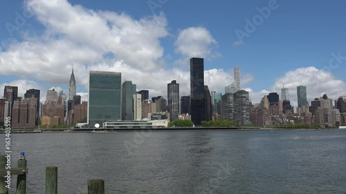 Viewing beautiful breathtaking Manhattan Skyline from Long Island City in New York, wide shot panorama with ONU,United Nations Headquarters,Ultra Hd 4k, real time