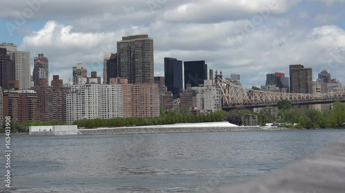 Viewing beautiful breathtaking Manhattan Skyline from Long Island City in New York, wide shot panorama with ONU,United Nations Headquarters,Ultra Hd 4k, real time