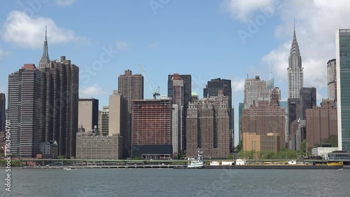 Viewing beautiful breathtaking Manhattan Skyline from Long Island City in New York, wide shot panorama with ONU,United Nations Headquarters,Ultra Hd 4k, real time