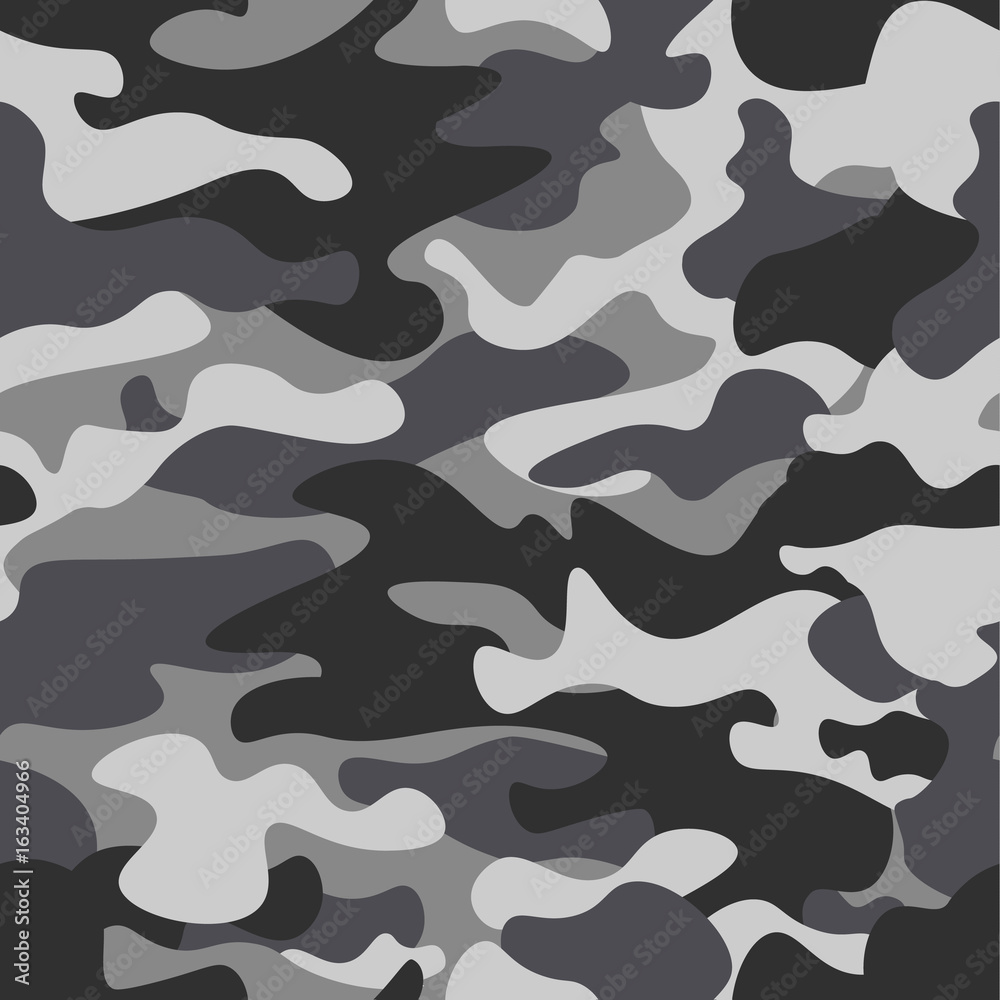 Camouflage seamless pattern background. Classic clothing style masking camo repeat print. Black grey white colors winter ice texture. Design element. Vector illustration. - obrazy, fototapety, plakaty 