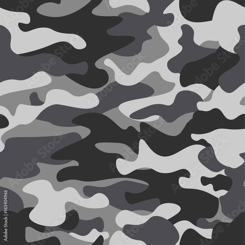 Camouflage seamless pattern background. Classic clothing style masking camo repeat print. Black grey white colors winter ice texture. Design element. Vector illustration. photo