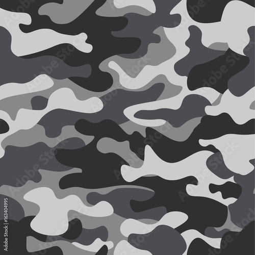 Camouflage seamless pattern background. Classic clothing style masking camo repeat print. Black grey white colors winter ice texture. Design element. Vector illustration.