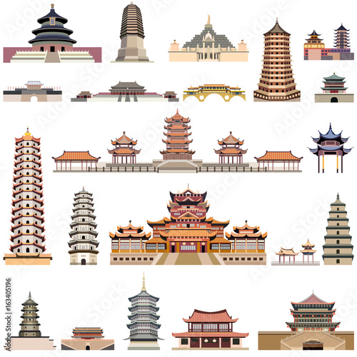 Chinese pagodas and ancient temples and towers. Vector collection photo