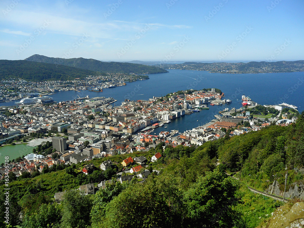 Breathtaking cityscape of Bergen view from the top of Mount Floyen, Bergen, Norway 