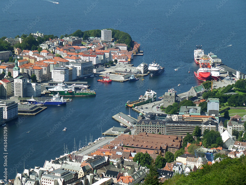 Stunning aerial view of Bergen's harbor and the city center of Bergen, Hordaland, Norway 