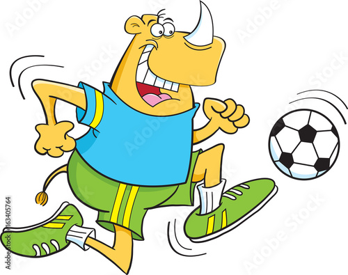 Cartoon illustration of a rhino kicking a soccer ball.