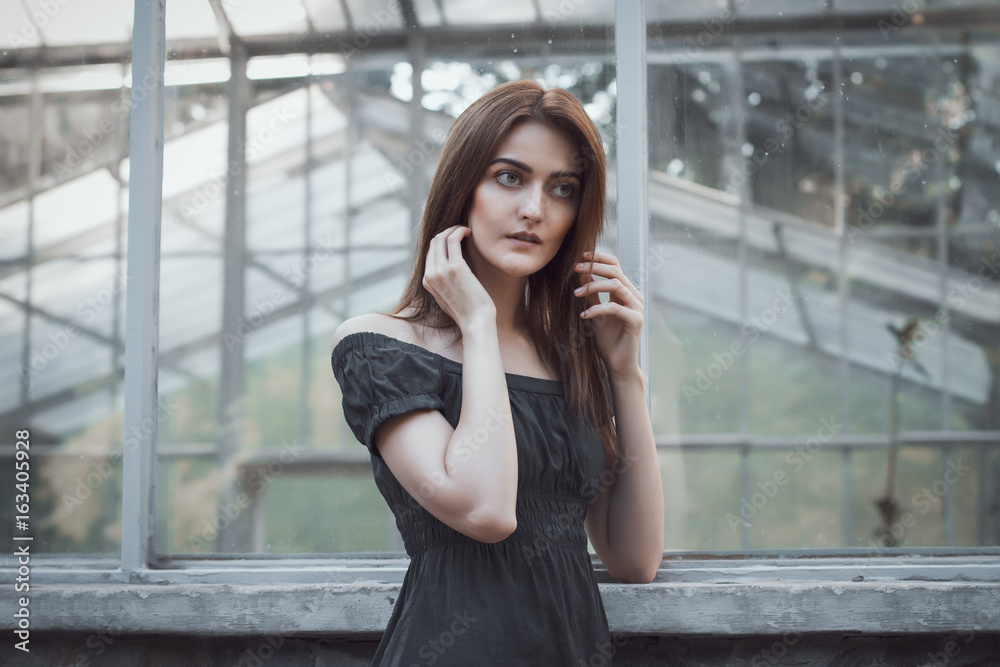 Fashionable model in dress at the window Fashionable model in dress at the window