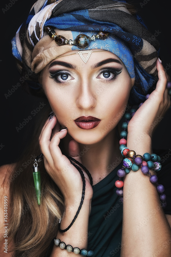 Portrait of young beautiful woman close up. Perfect makeup. Perfect skin. Portrait of young beautiful woman close up. Perfect makeup. Perfect skin.