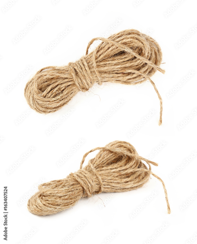 Burlap jute twine coil skeins isolated on white