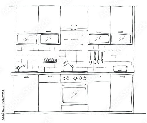 Hand drawn kitchen furniture. Vector illustration in sketch style