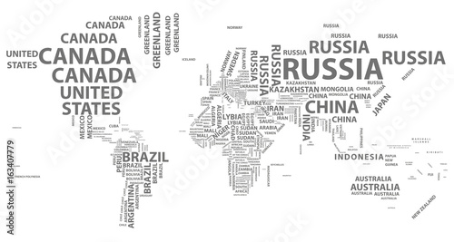 vector world map with country names in typography