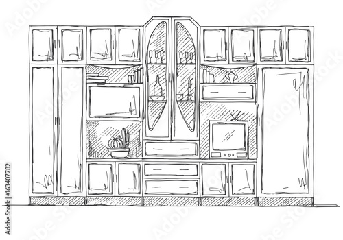 Hand drawn sketch. Linear sketch of the interior. Bookcase, dresser with TV and shelves. Vector illustration