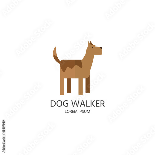 Dog walker logo, label, badge. Cute simple dog in flat style design.