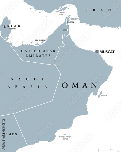 Oman political map with capital Muscat. Sultanate and Arab country in Western Asia and Middle East on the Arabian Peninsula. Gray illustration isolated on white background. English labeling. Vector.