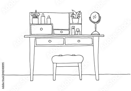 Dressing table in sketch style. Vector illustration is hand drawn.