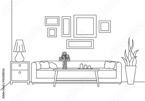 Sofa, table, vase with flowers. Bedside table, desk lamp. Linear sketch of the interior in a modern style.