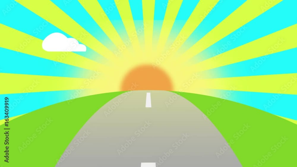Animated road on a sunset loop with space for your object, text or logo Seamlessly loop. Colorful cartoon nature background.