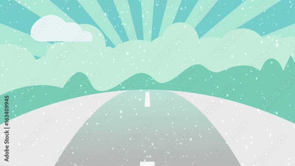 Animated snow road on snowy day loop with space for your object, text or logo Seamlessly loop. Colorful cartoon nature background full hd and 4k.
