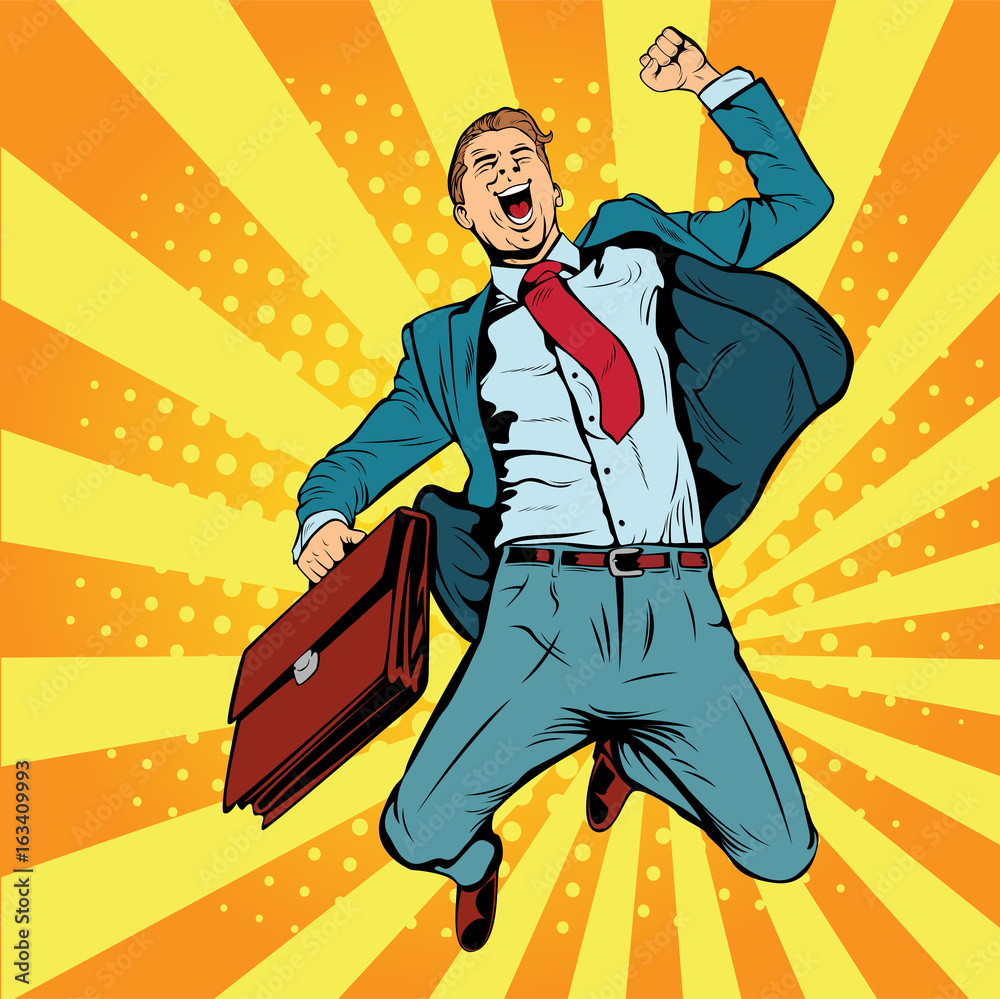 Fototapeta Business man the winner pop art retro vector illustration. Successful businessman jumping for joy. Joyful man with briefcase of money and documents. 