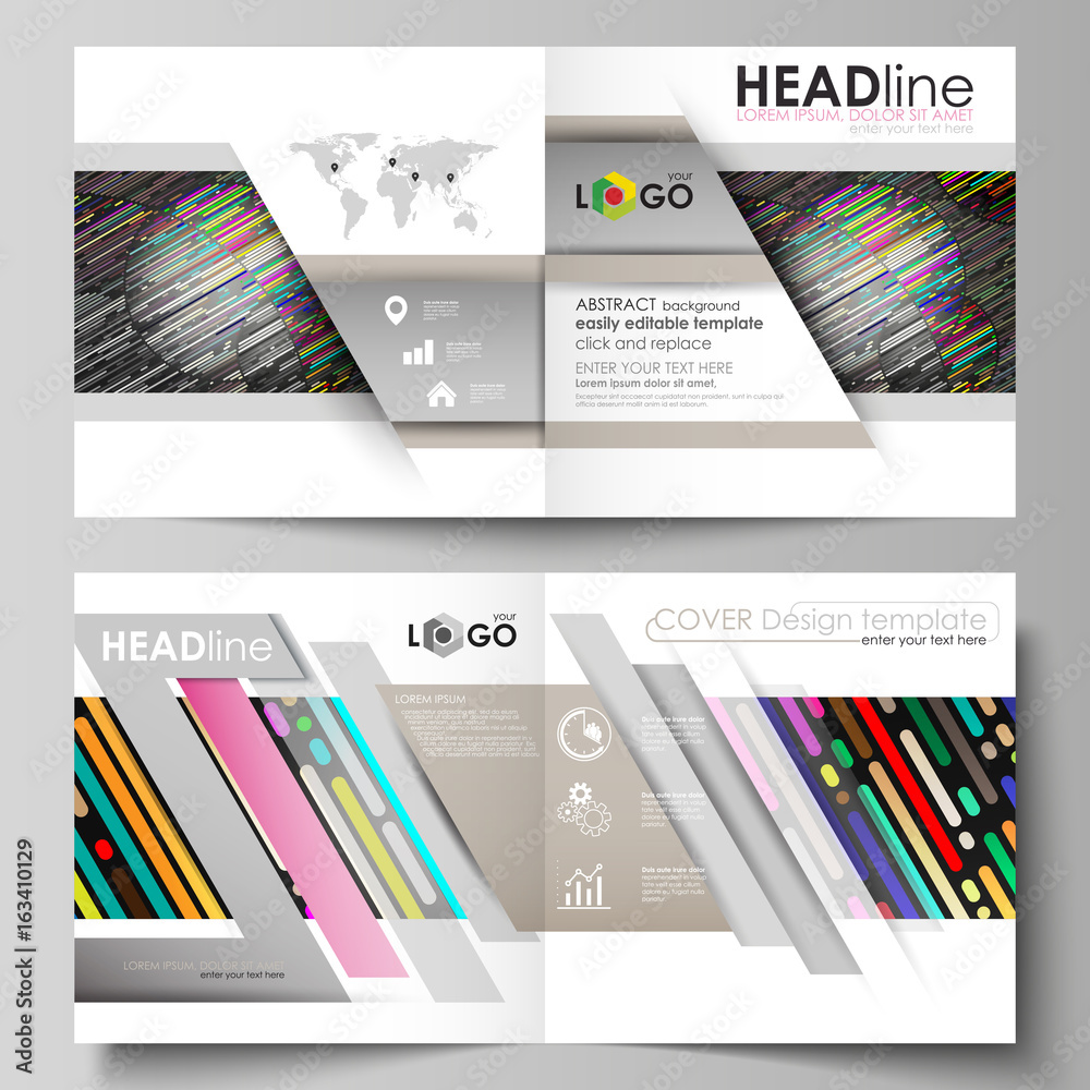Abstract tubes and dots. Glowing multicolored texture. Business templates for square design bi fold brochure, flyer, booklet, report. Leaflet cover, vector layout. Colorful background made of stripes.