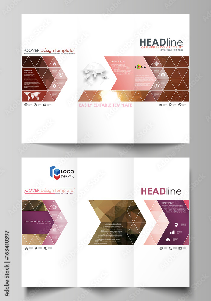 Beautiful background. Geometrical pattern in triangular style. Tri-fold brochure business templates on both sides. Easy editable abstract vector layout in flat design. Romantic couple kissing.