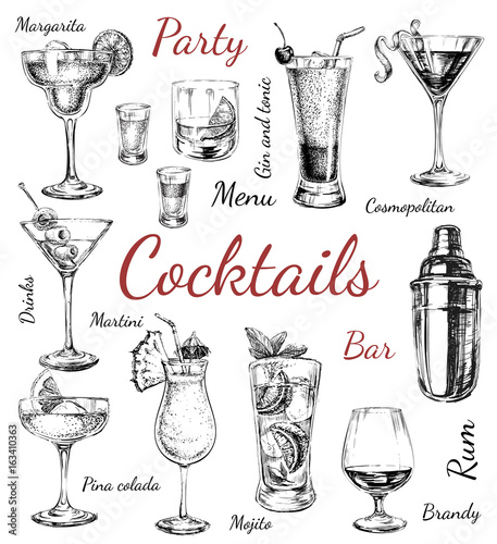 Set sketch cocktails and alcohol drinks hand drawn illustration photo