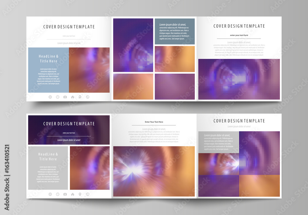 Bright color colorful design, beautiful futuristic background. Set of business templates for tri fold square brochures. Leaflet cover, abstract flat layout, easy editable vector.