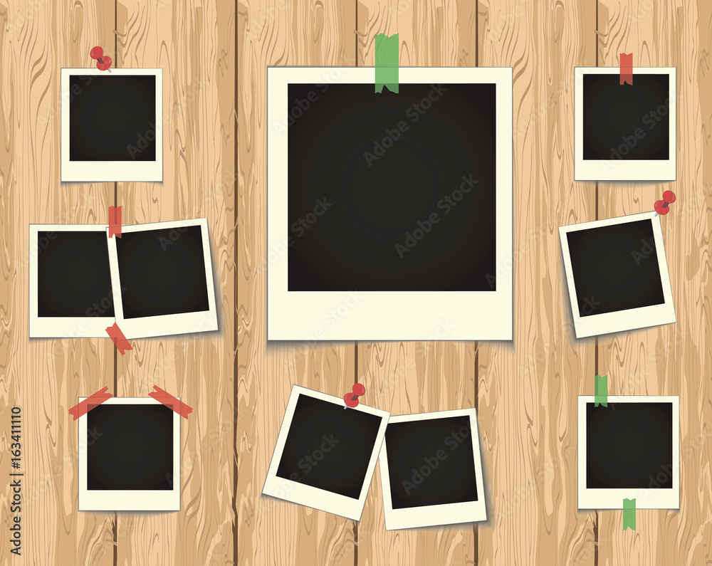 Retro photo vector set. Polaroid frames for family album. Empty vintage  photography card sets, vector illustration. Wooden background Stock  Illustration | Adobe Stock