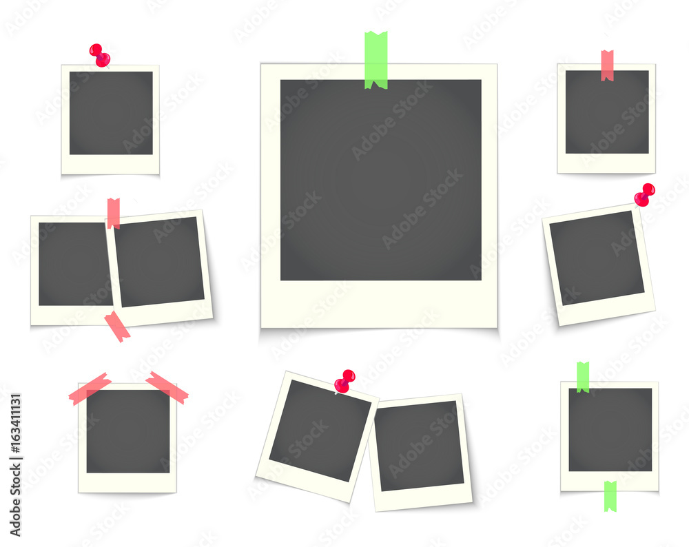 Retro photo vector set. Polaroid frames for family album. Empty vintage photography card sets, vector illustration. Wooden background Retro photo vector set. Polaroid frames for family album. Empty vintage photography card sets, vector illustration. Wooden background