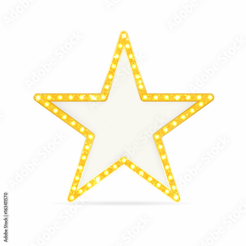 Retro gold star. Vintage frame with lights isolated on white background