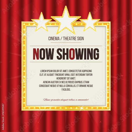 Theater sign or cinema sign with stars on red curtain. Gold retro signboard