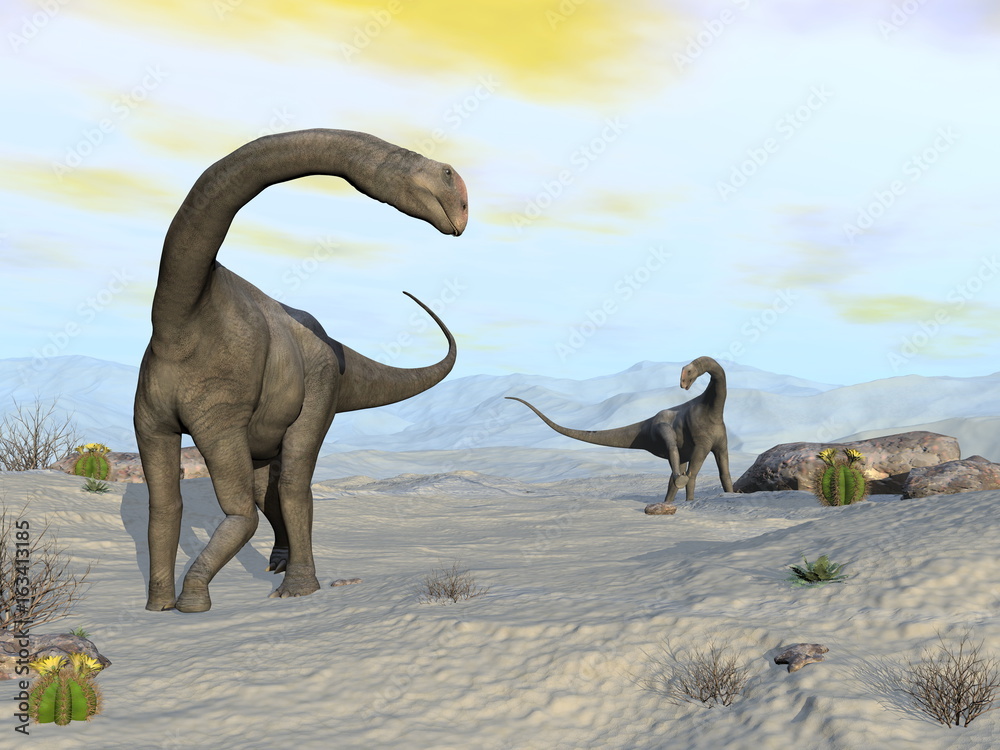 Brontomerus dinosaurs in the desert - 3D render