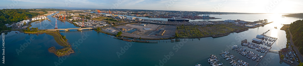 Tacoma WA Aerial Panorama Sunny Industrial Waterway