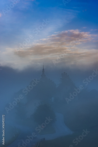 Church of saint Nikolaja in Sorica, Slovenia at dense fog