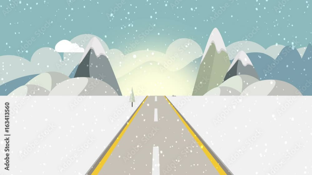 ride through a cartoon highway seamless loop. Animated snow road at snowy day with snow fall with space for your object, text or logo Seamlessly loop. Colorful cartoon nature background.