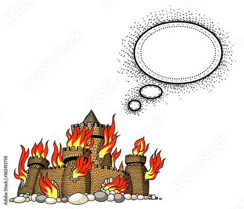 Cartoon image of burning castle. An artistic freehand picture.