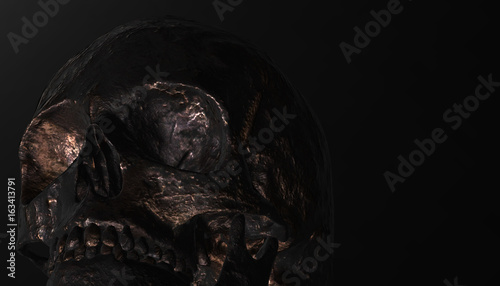 Human skull with dark background. Death, horror, anatomy and halloween symbol. 3d rendering. 3d illustration