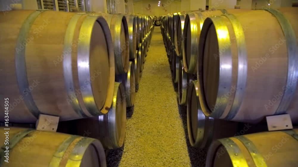 Wine barrels stacked in the cellar of the winery Wine barrels stacked in the cellar of the winery