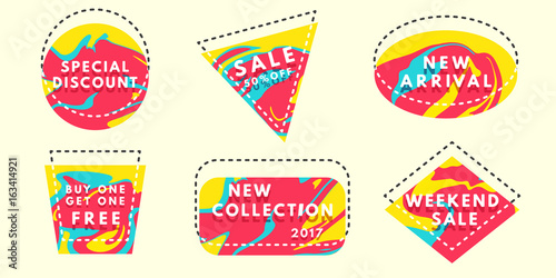 Set of flat vector geometrical vintage color banners. Spilled dye texture.