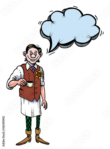 Cartoon image of barista serving coffee. An artistic freehand picture.