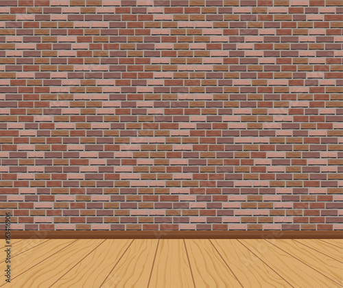 Interior of the room with wooden floor and red brickwork. Vector realistic illustration.