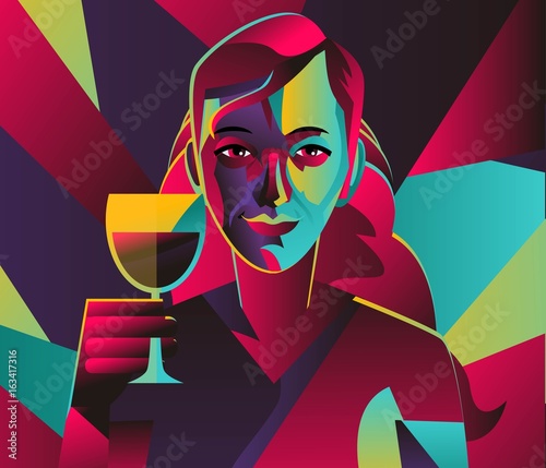 cubist colorful girl drinking wine