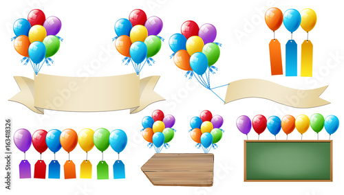Balloons and signboards suggest a variety of styles. Headline in colorful sign boards. Party and celebrate sign.