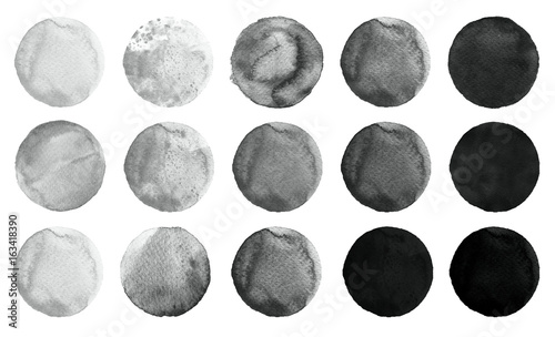 Set of black and gray watercolor circles isolated on white.